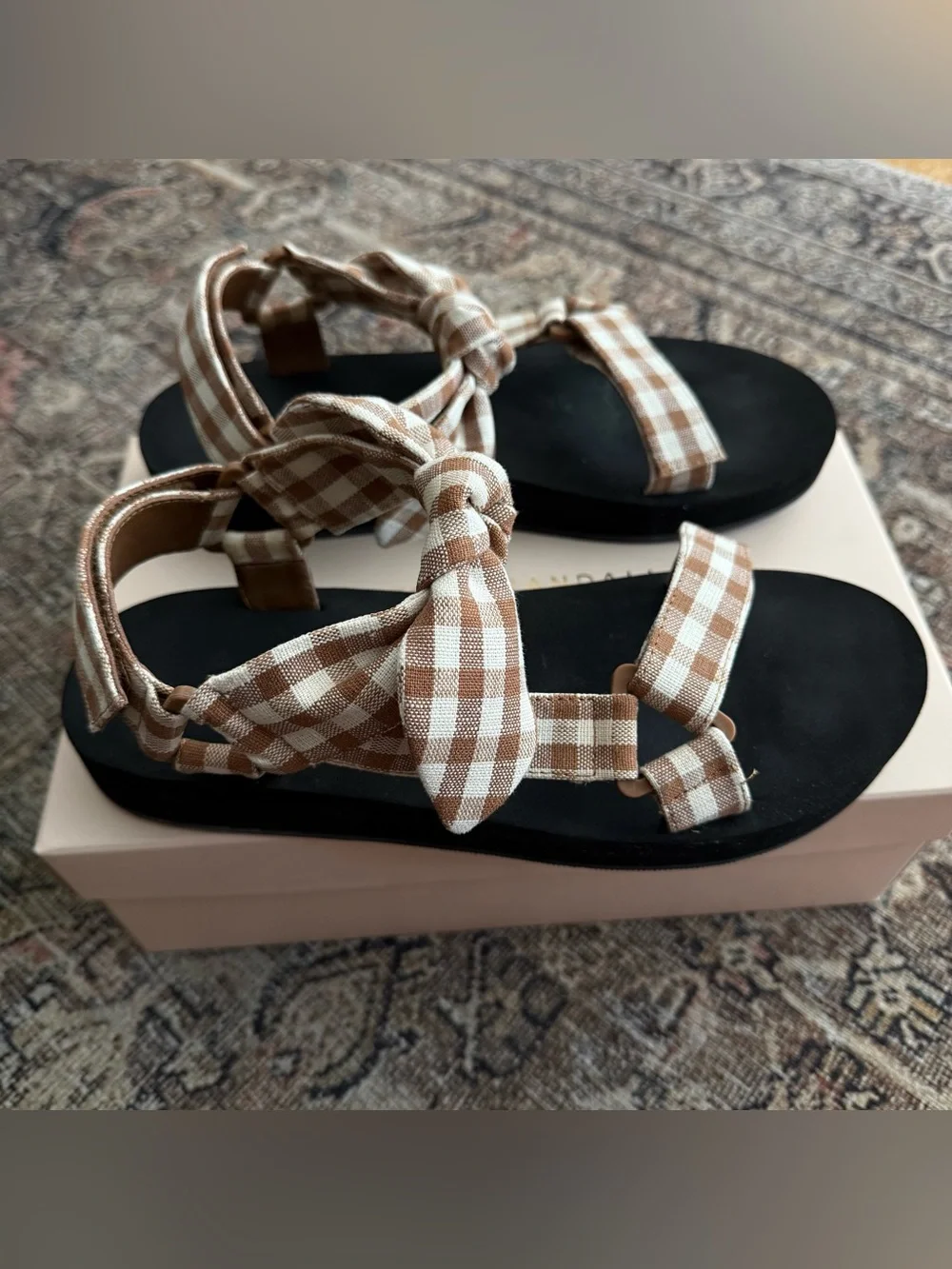 Loeffler Randall Maisie Brown and Cream Gingham Bow Sandals